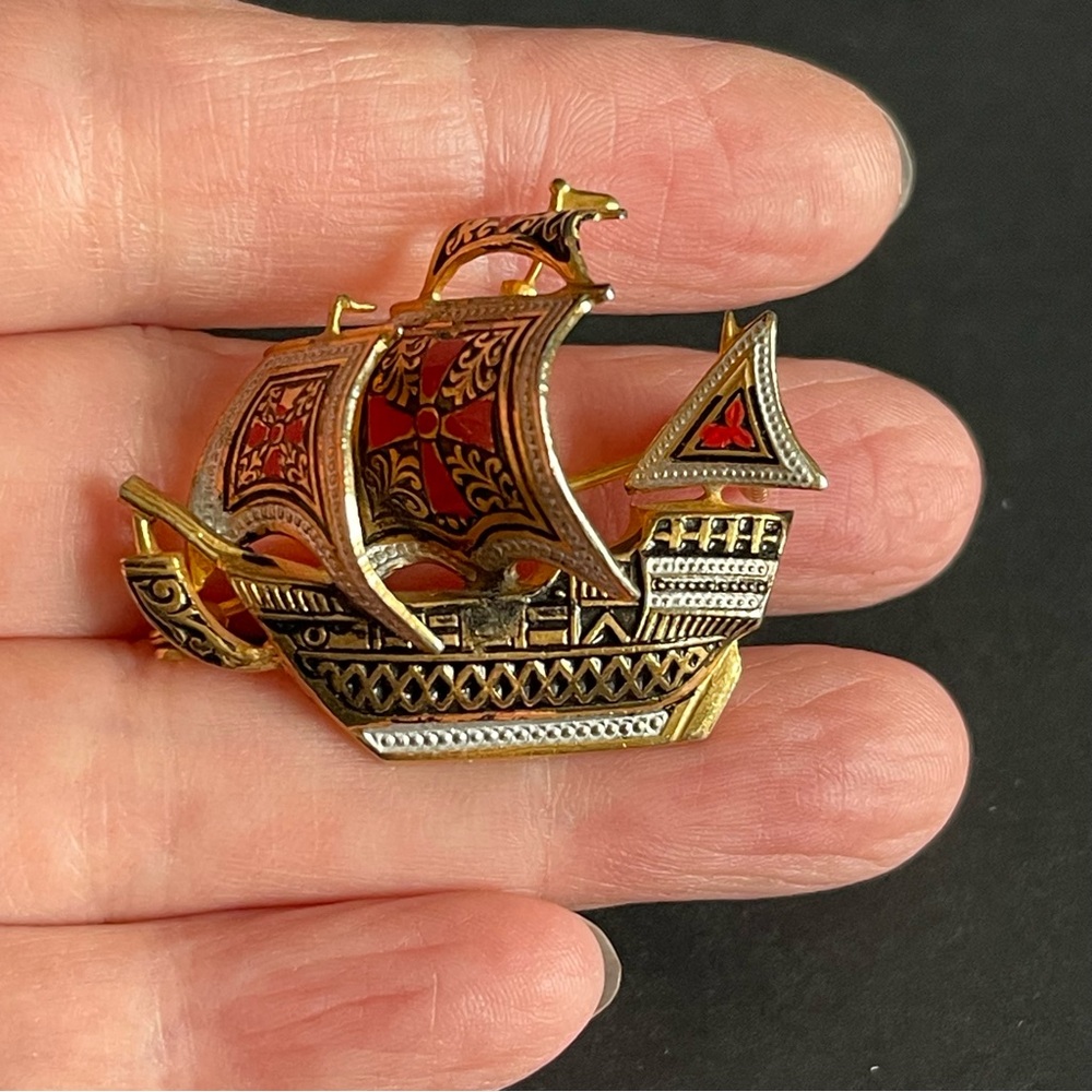 Vintage Spanish Damascene Gold Tone & Red Enamel … - image 2